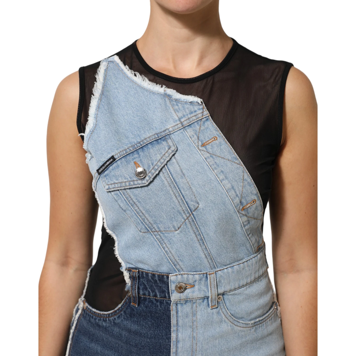 Blue Nylon Patchwork Denim Sheath Mini Dress