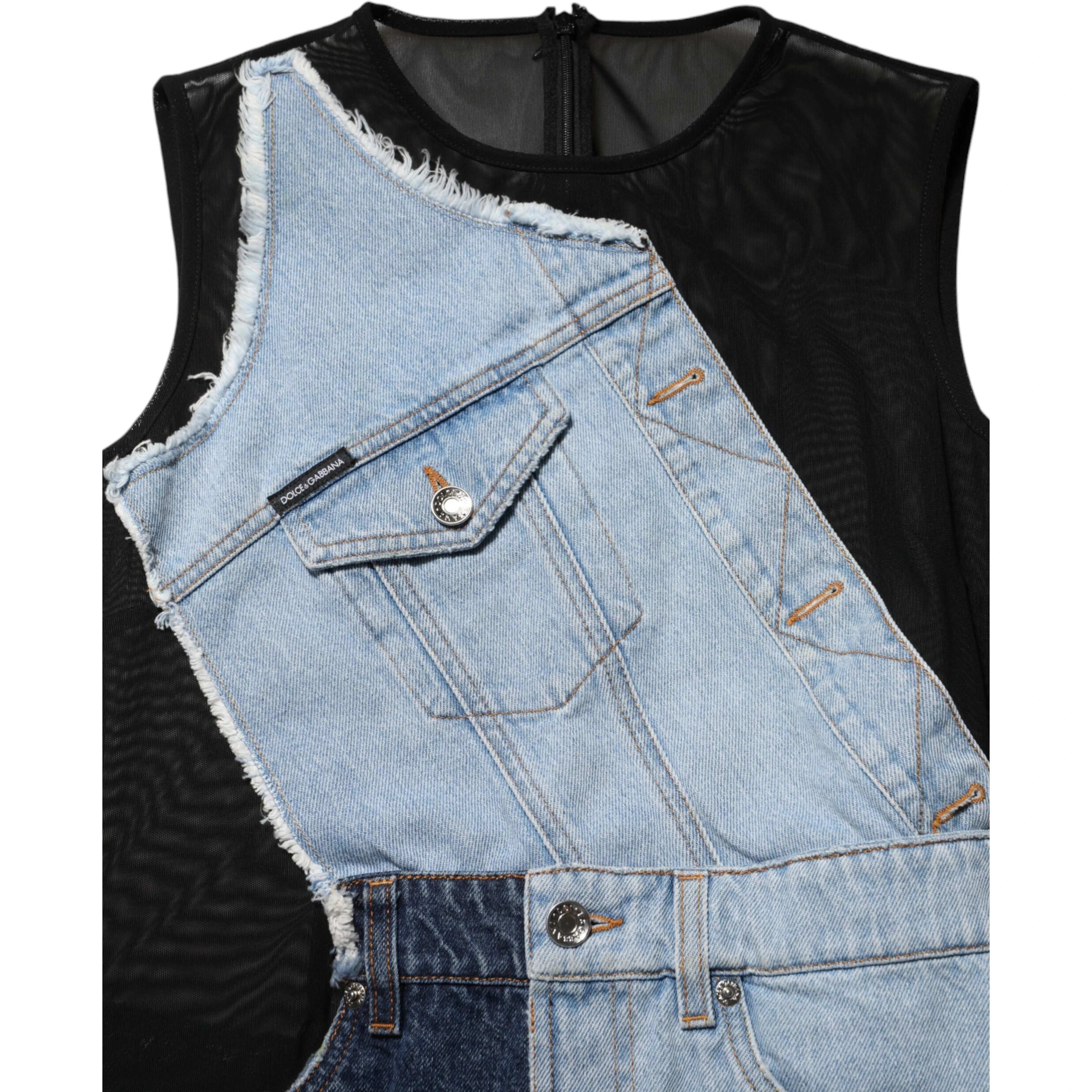 Blue Nylon Patchwork Denim Sheath Mini Dress