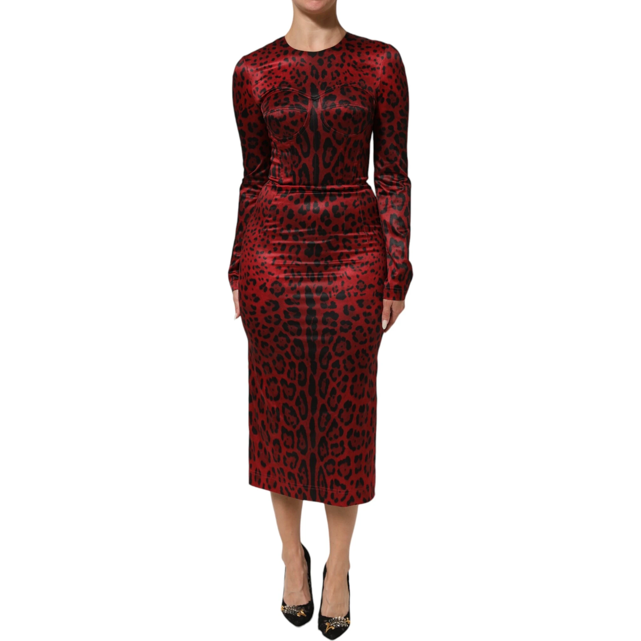Red Leopard Sheath Long Sleeves Dress