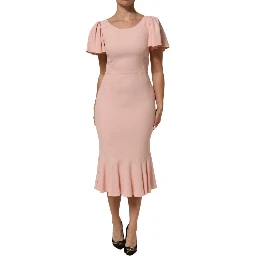 Pink Viscose Short Sleeves Sheath Midi Dress