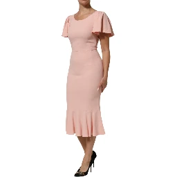 Pink Viscose Short Sleeves Sheath Midi Dress
