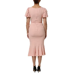 Pink Viscose Short Sleeves Sheath Midi Dress