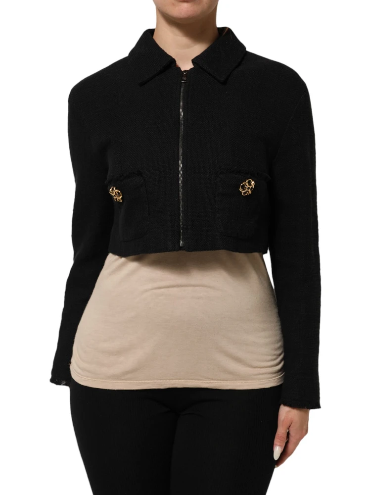 Black Cotton Full Zip Cropped Coat Jacket