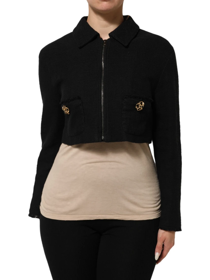 Black Cotton Full Zip Cropped Coat Jacket