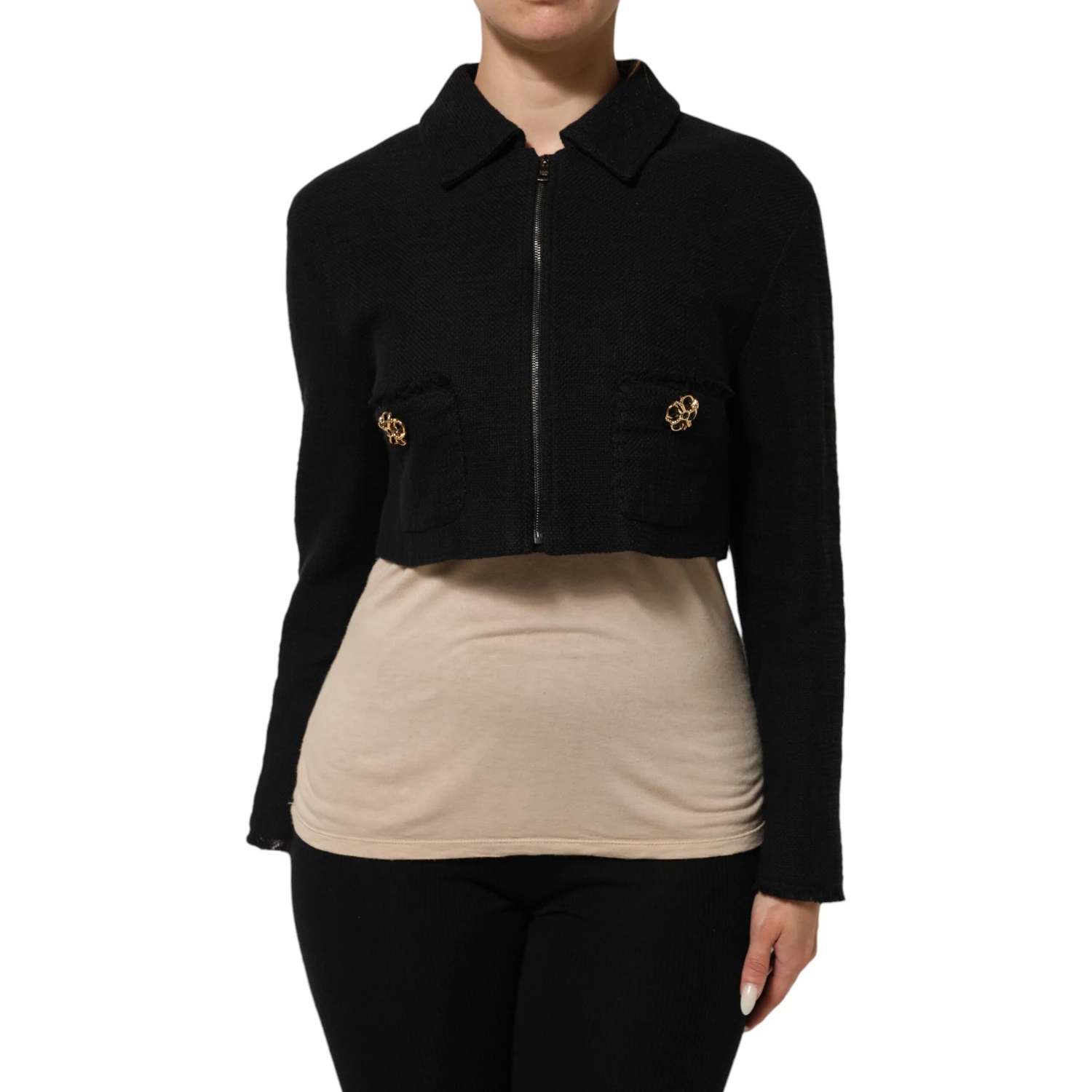 Black Cotton Full Zip Cropped Coat Jacket