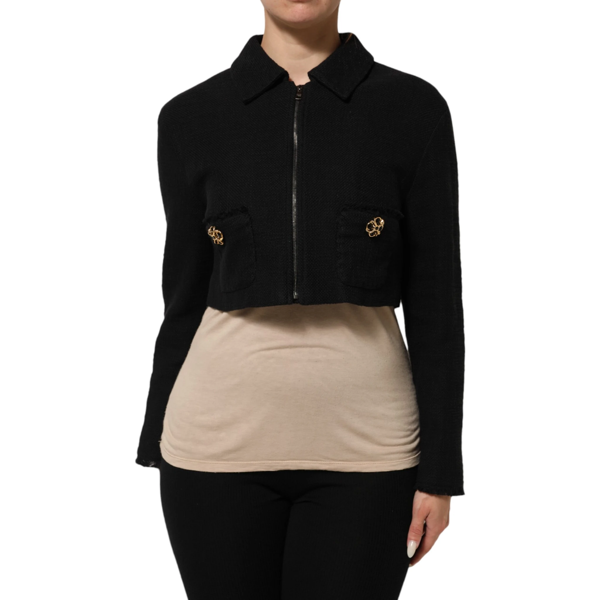 Black Cotton Full Zip Cropped Coat Jacket