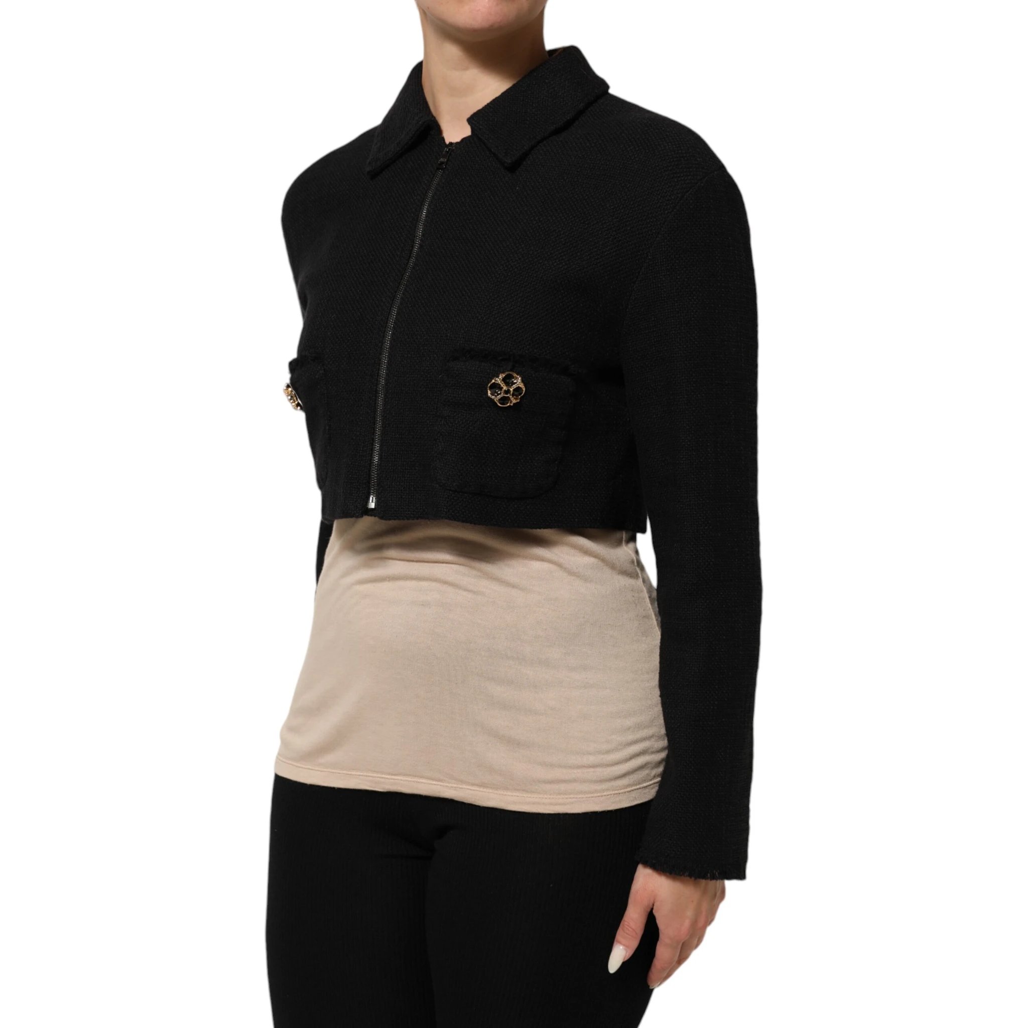 Black Cotton Full Zip Cropped Coat Jacket