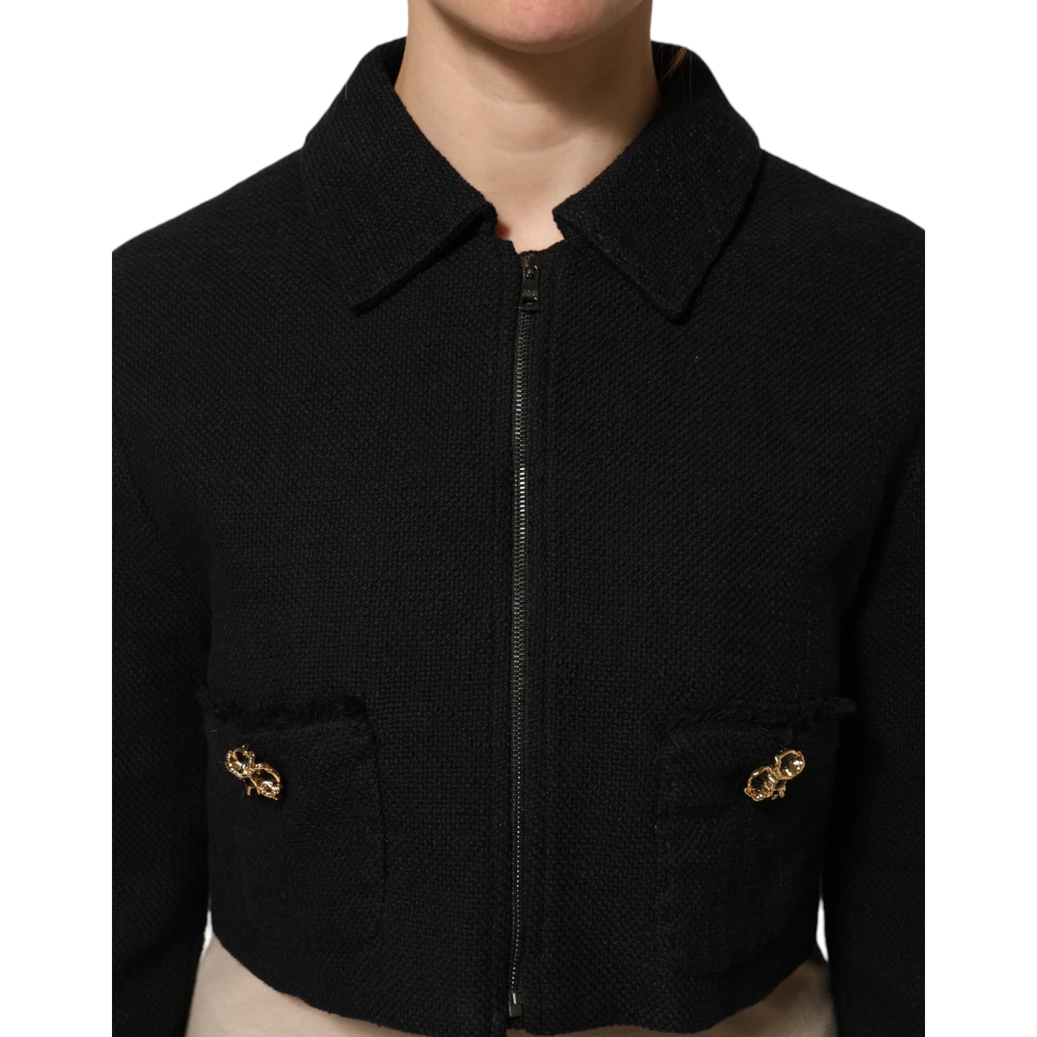 Black Cotton Full Zip Cropped Coat Jacket