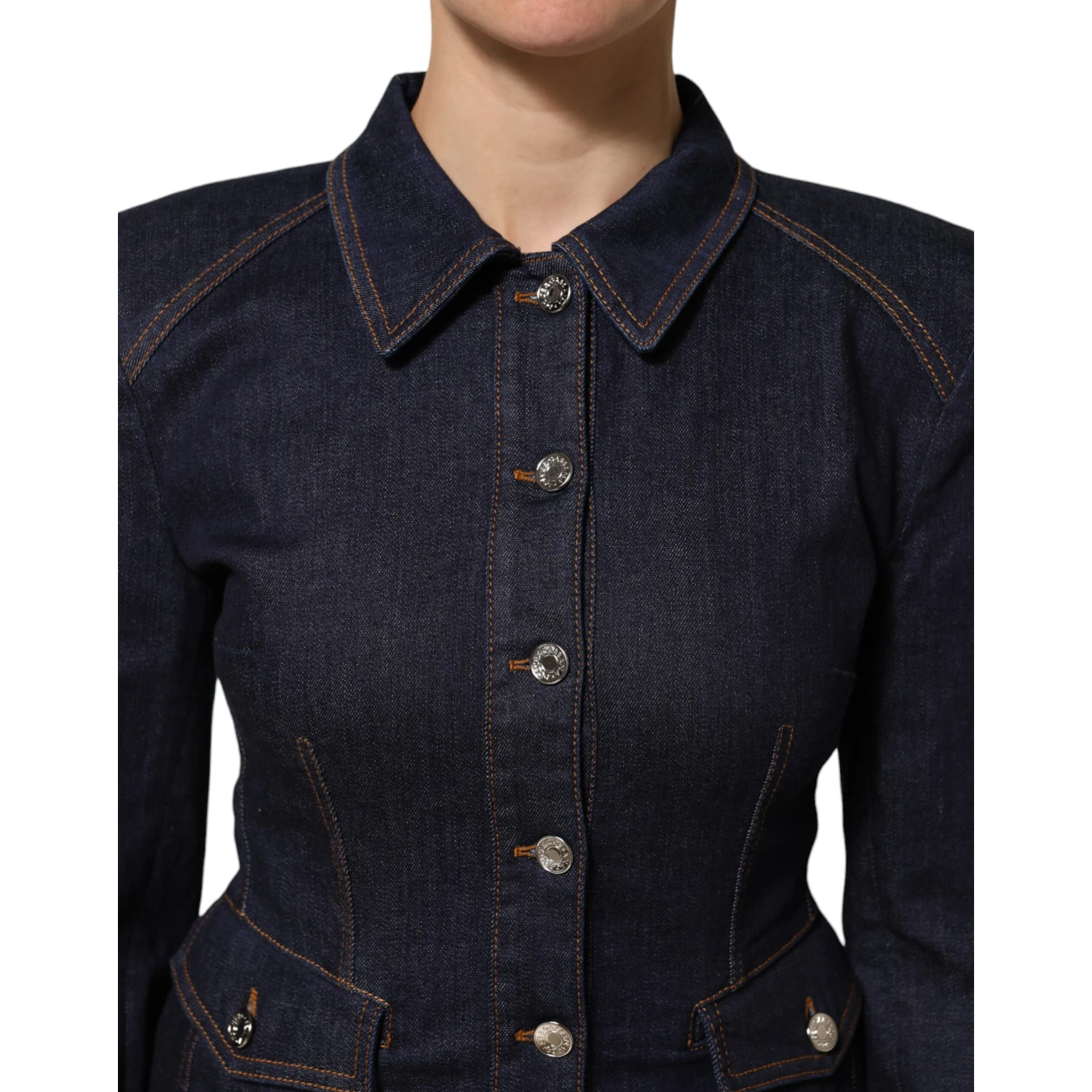 Dark Blue Cotton Collared Denim Coat Jacket