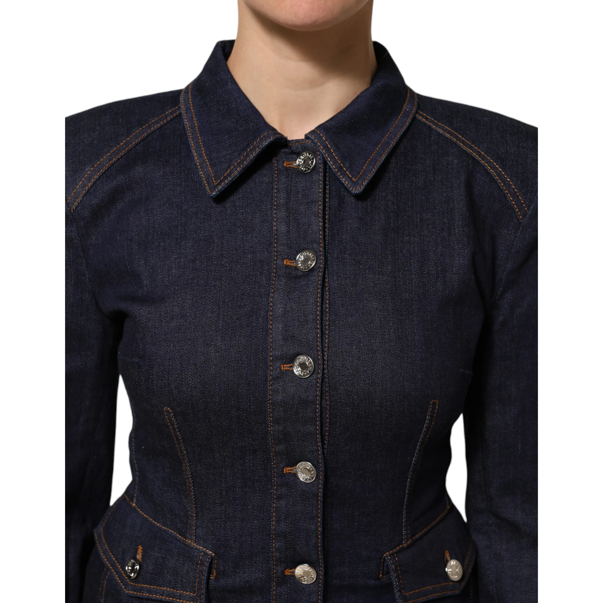 Dark Blue Cotton Collared Denim Coat Jacket