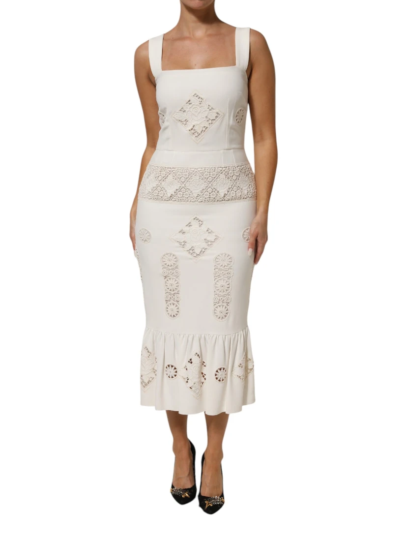 White Floral Lace Sleeveless Midi Dress