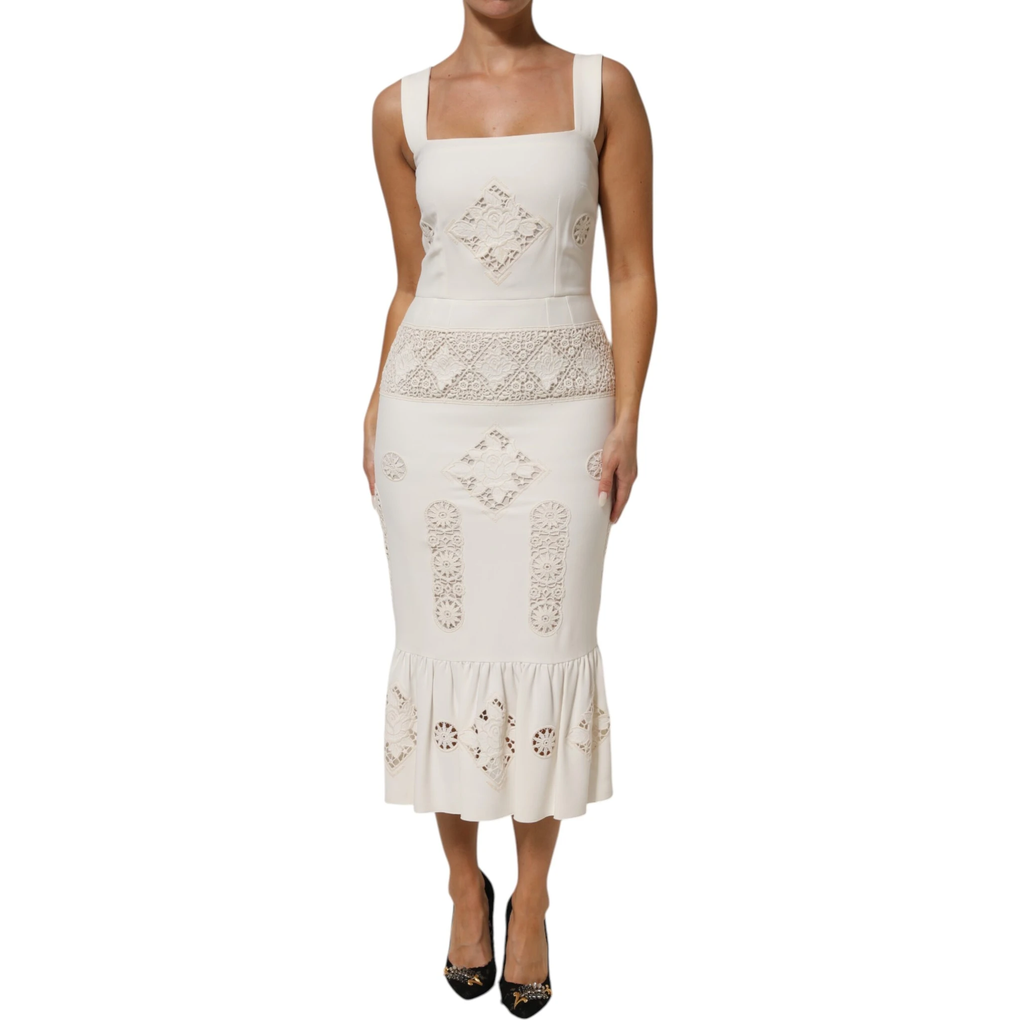 White Floral Lace Sleeveless Midi Dress