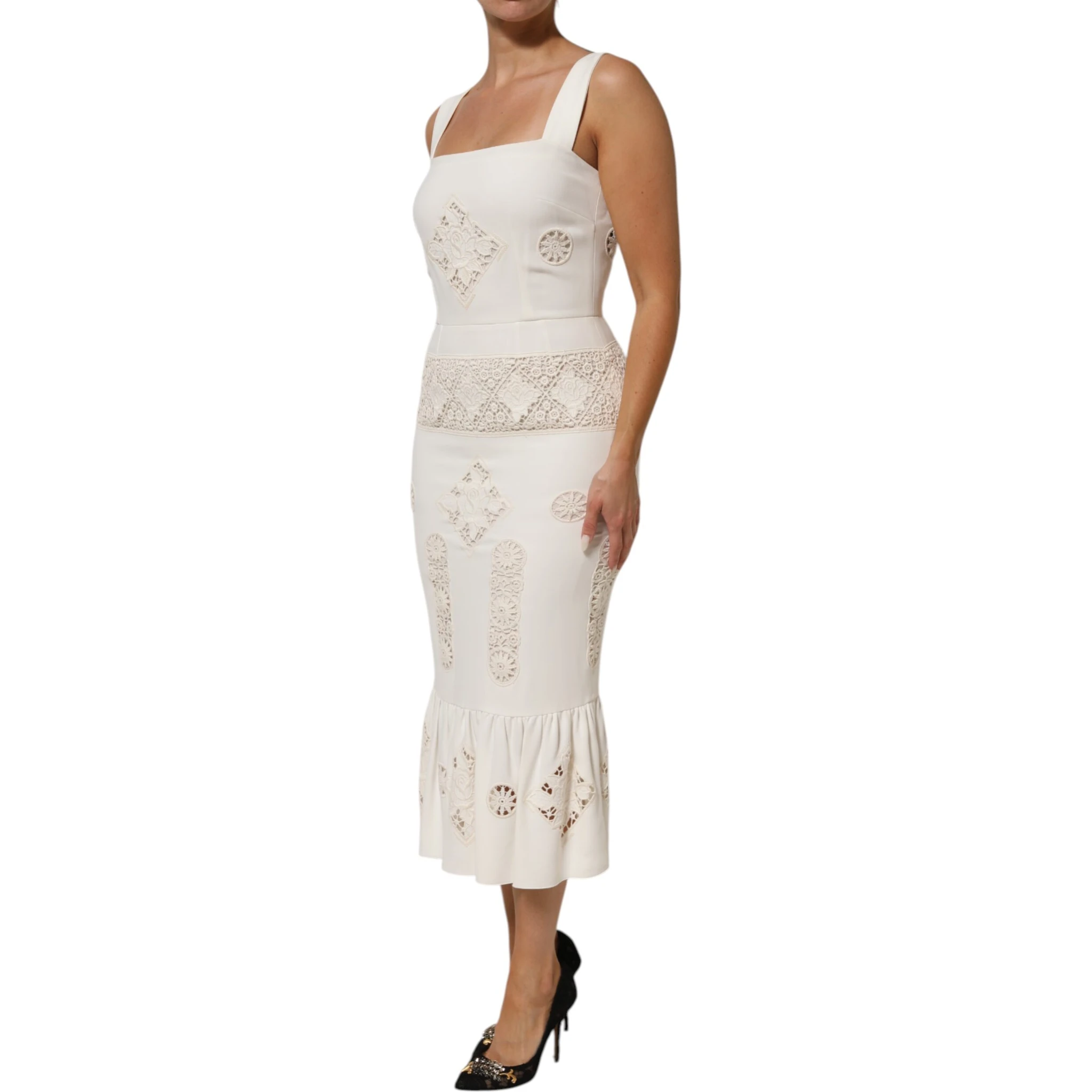 White Floral Lace Sleeveless Midi Dress