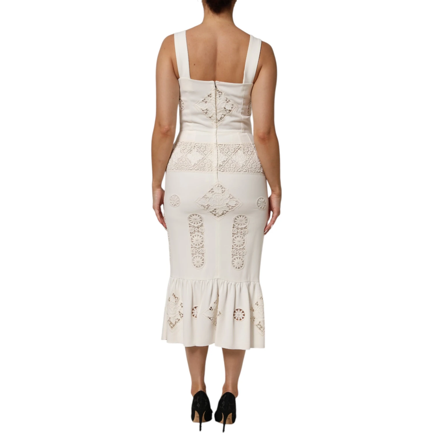 White Floral Lace Sleeveless Midi Dress