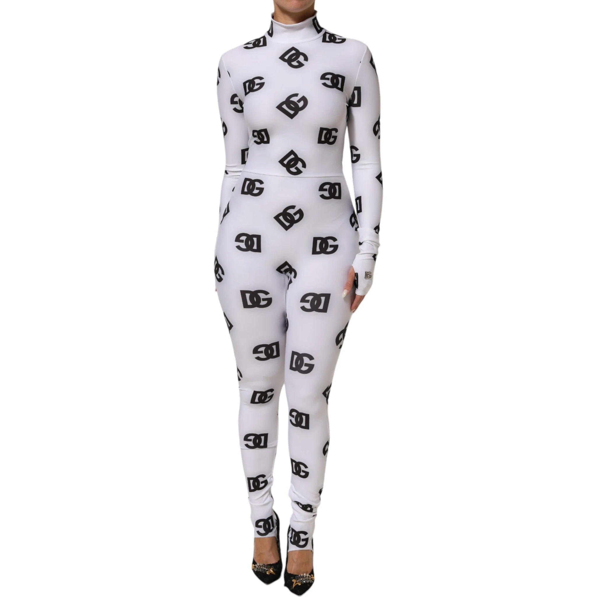 Black White Logo Monogram Long Sleeves Jumpsuit Dress