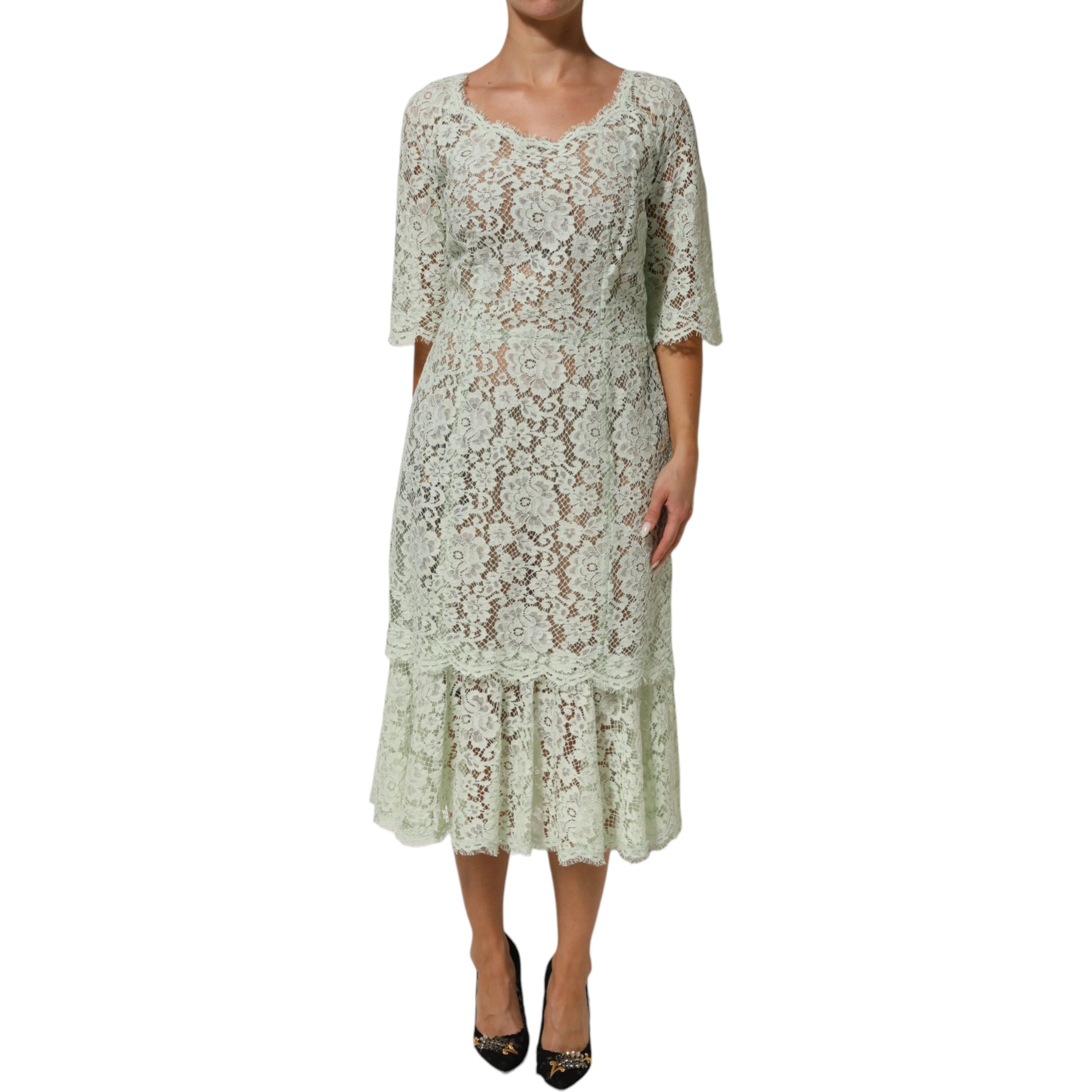 Mint Green Floral Lace Trim Midi Dress