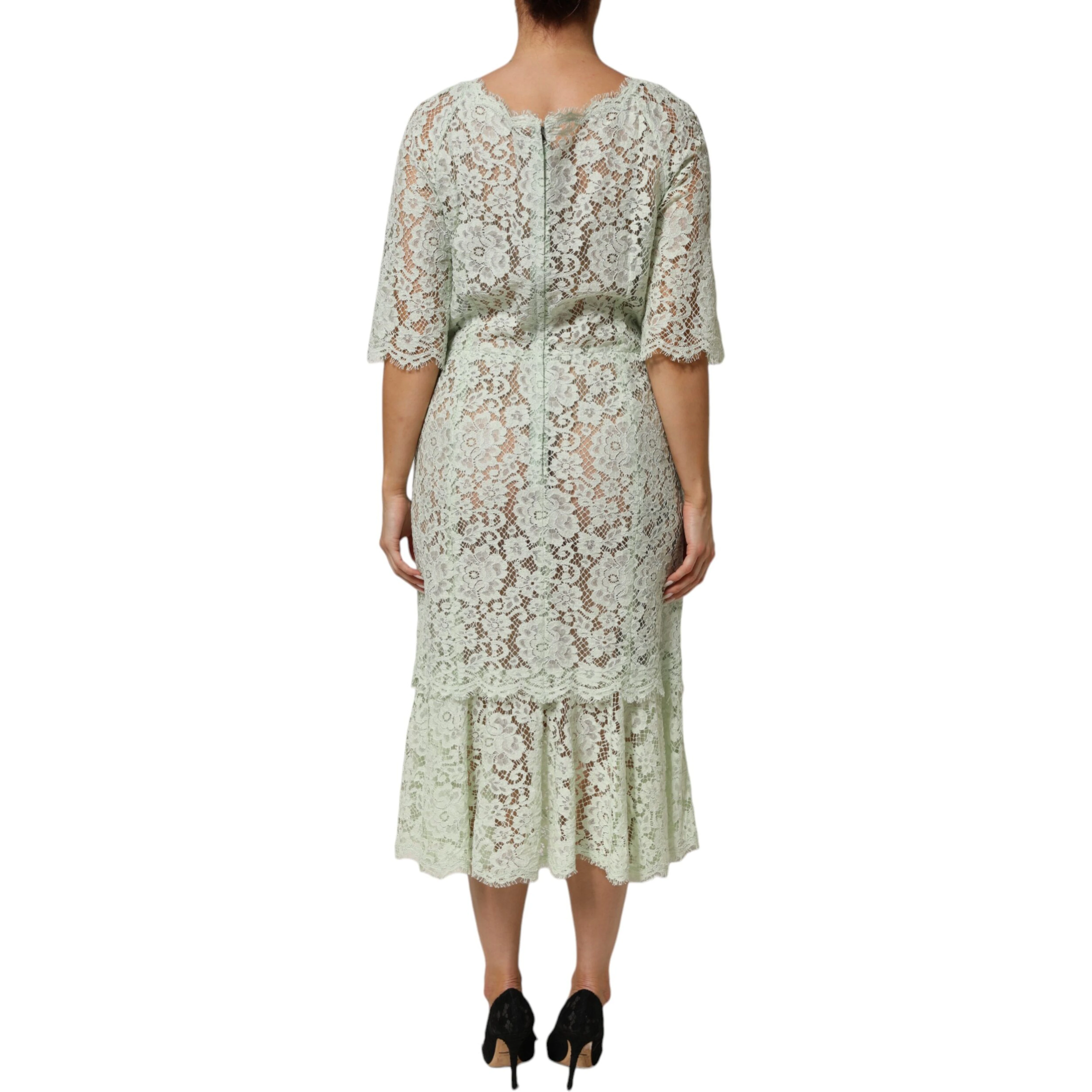 Mint Green Floral Lace Trim Midi Dress