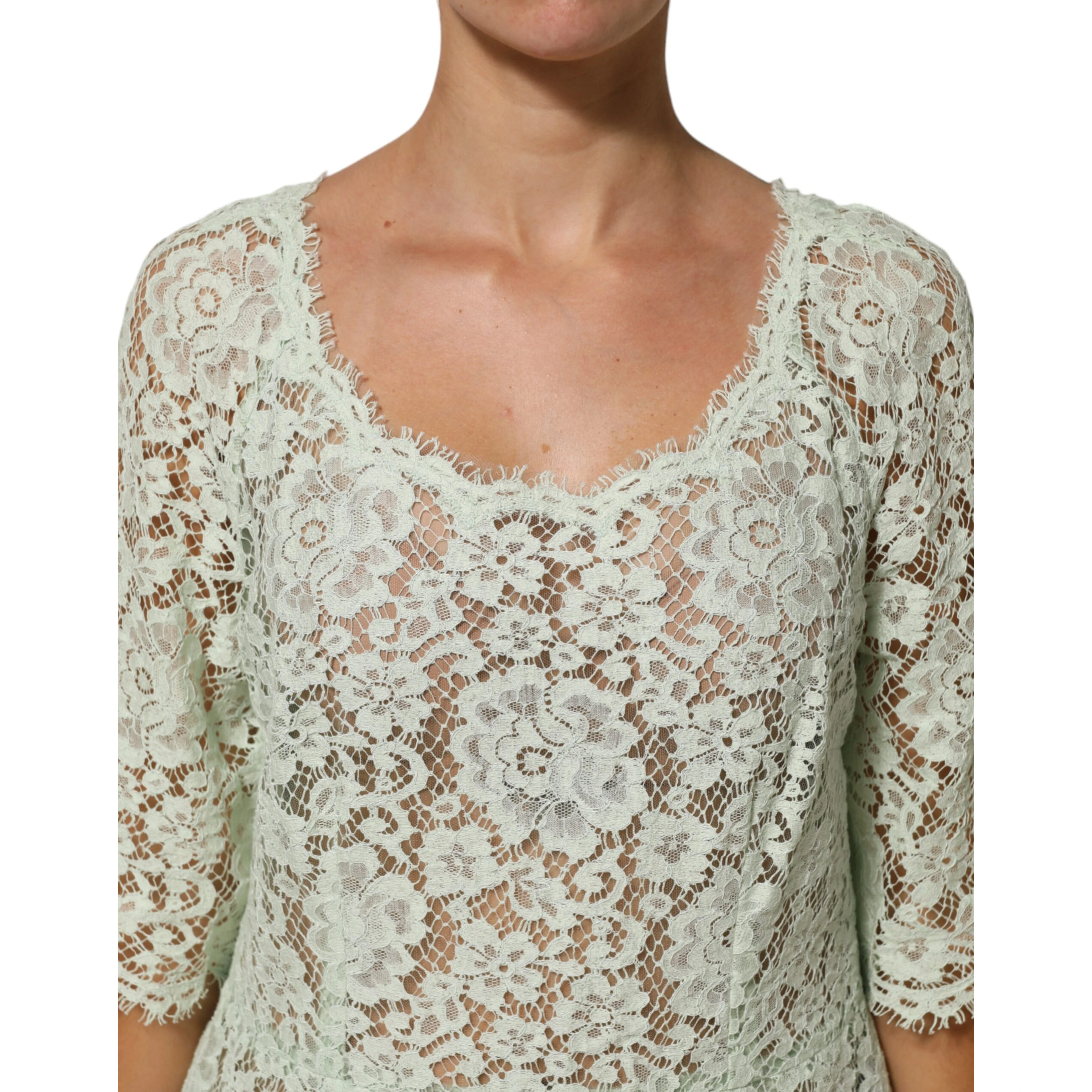 Mint Green Floral Lace Trim Midi Dress