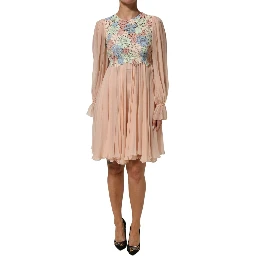 Pink Floral Embroidery Pleated A-line Dress