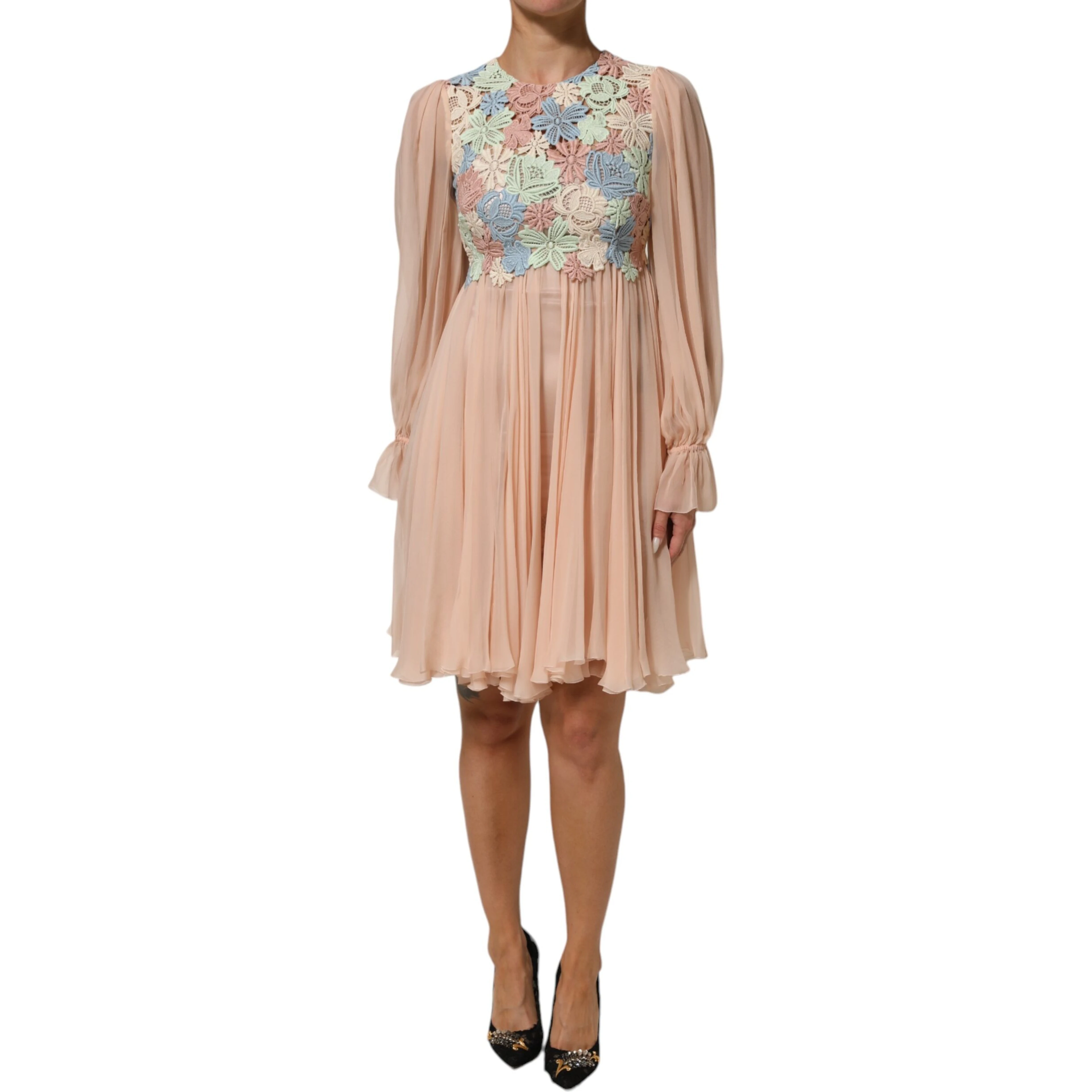 Pink Floral Embroidery Pleated A-line Dress