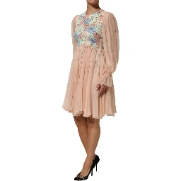 Pink Floral Embroidery Pleated A-line Dress