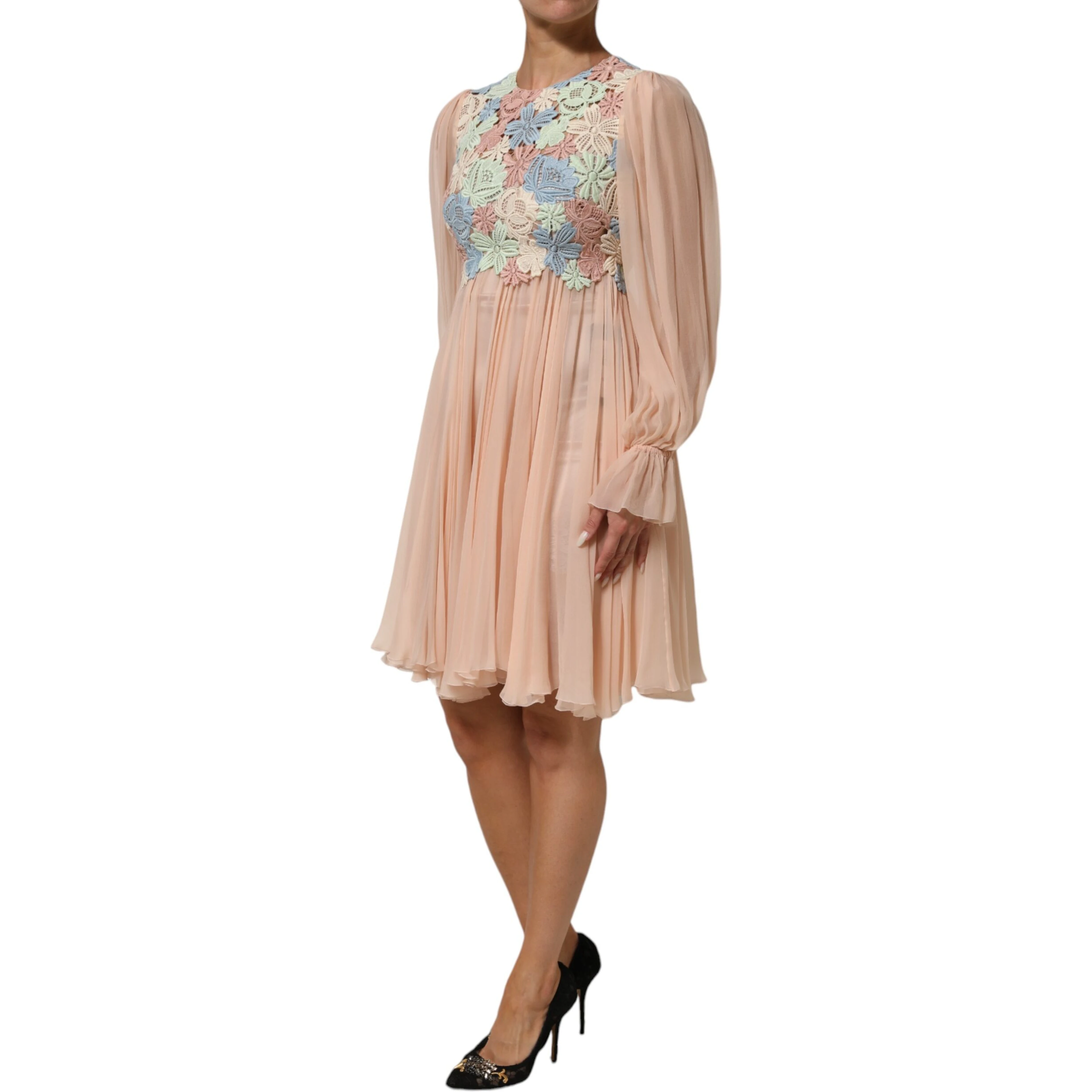 Pink Floral Embroidery Pleated A-line Dress