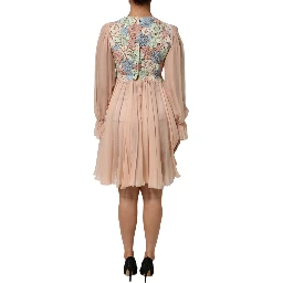 Pink Floral Embroidery Pleated A-line Dress