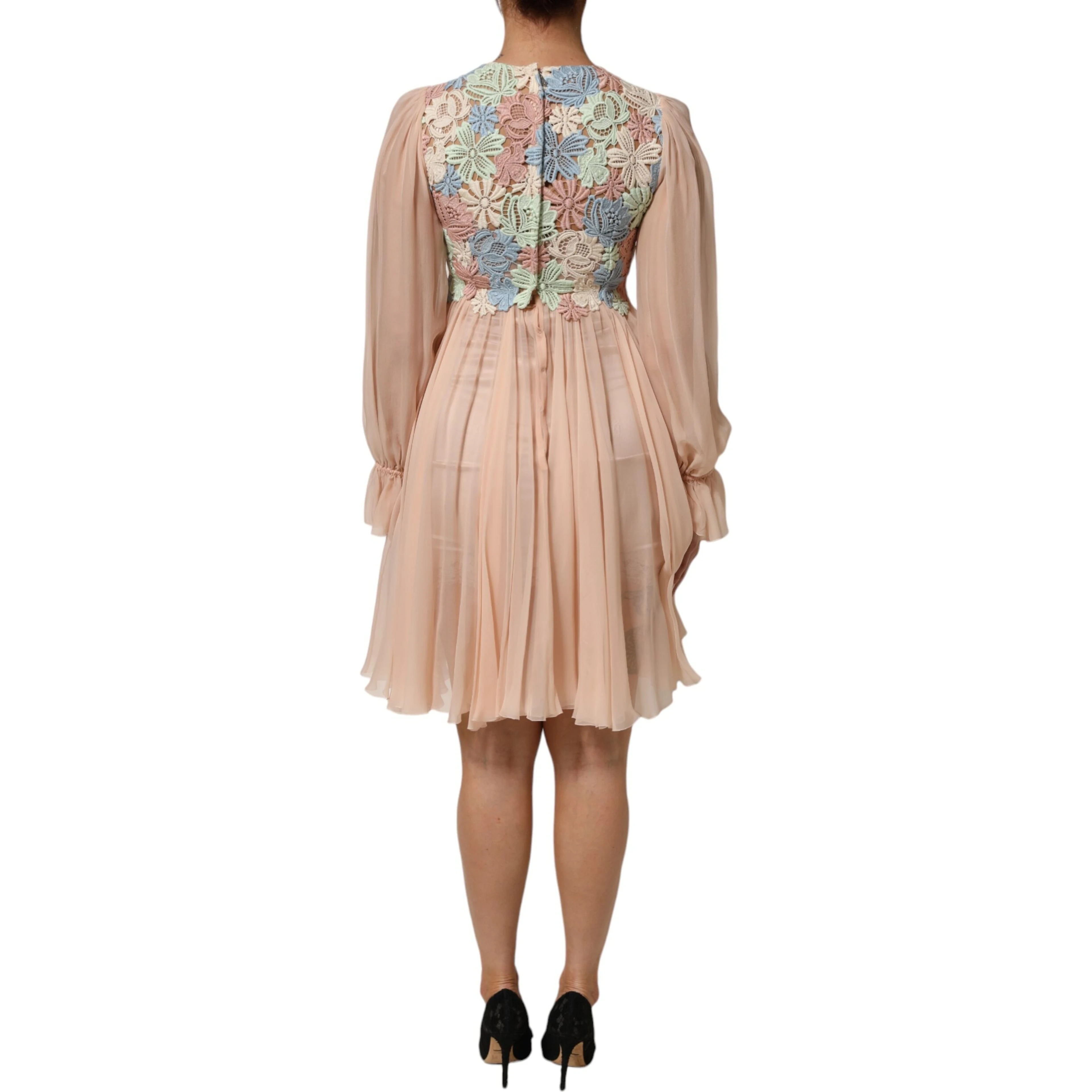 Pink Floral Embroidery Pleated A-line Dress