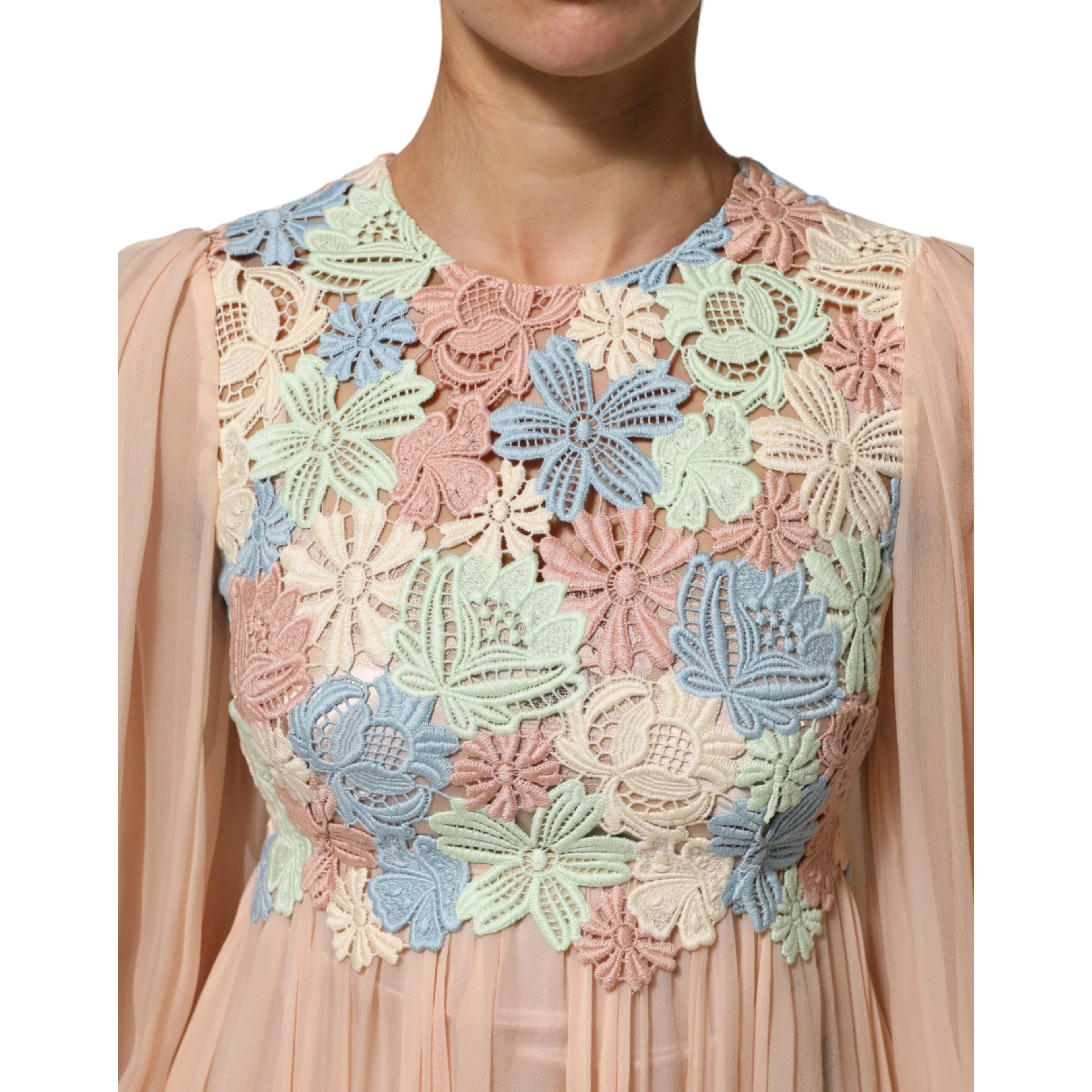 Pink Floral Embroidery Pleated A-line Dress