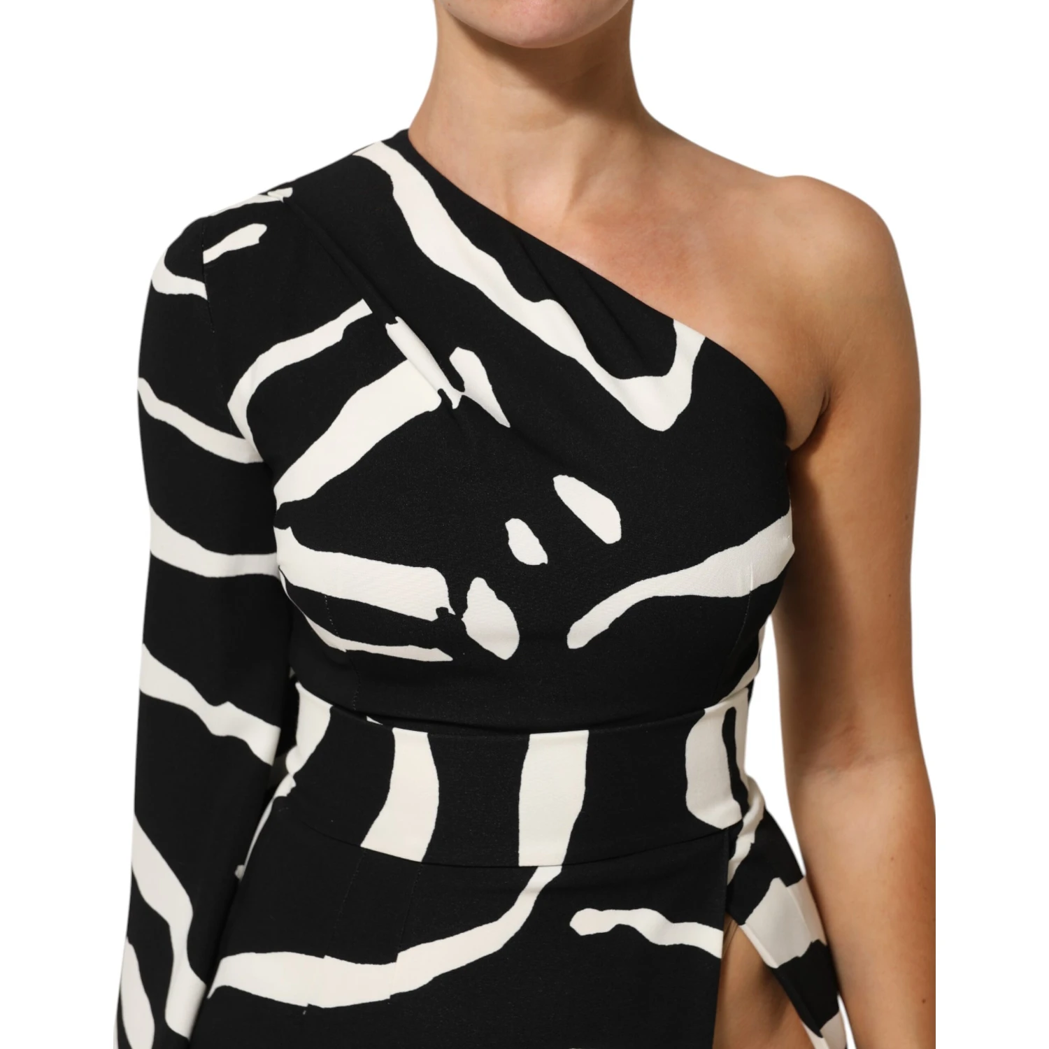 Black White One Shoulder High Slit Mini Dress