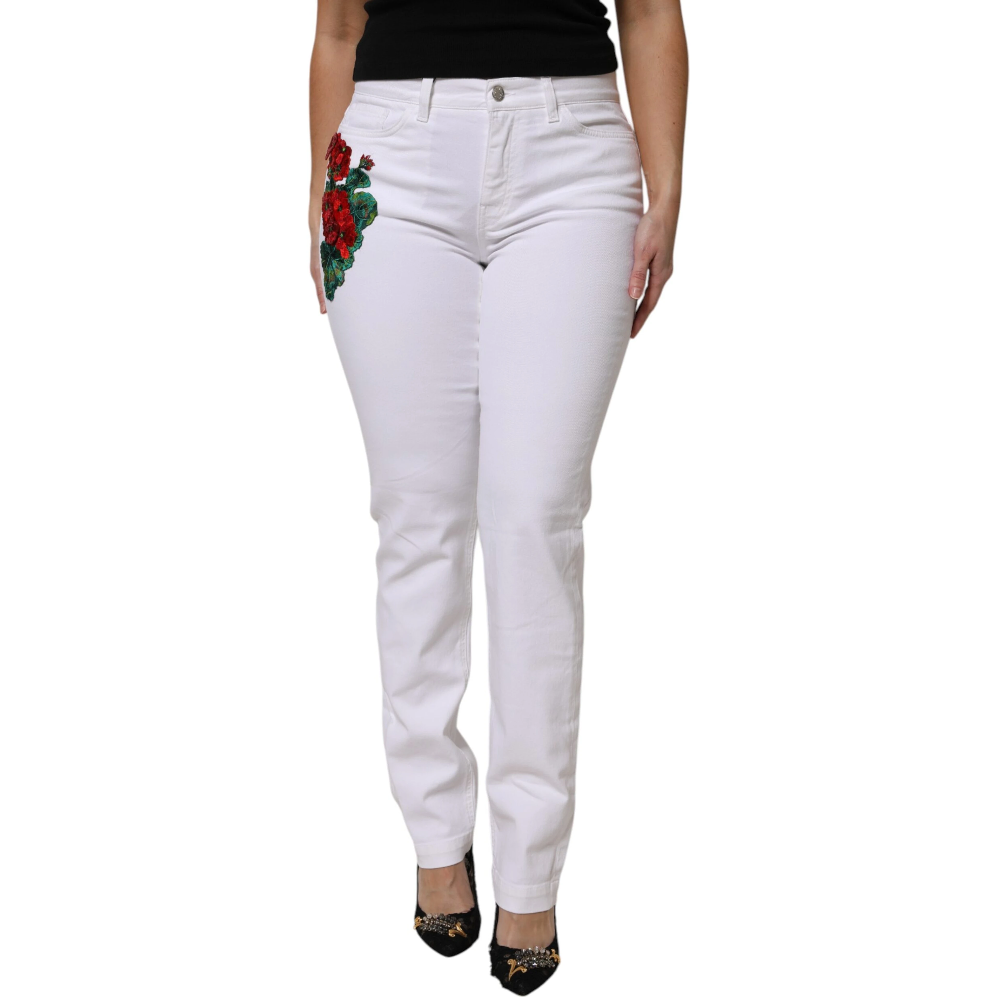 White GIRLY Floral Embroidery Denim Jeans