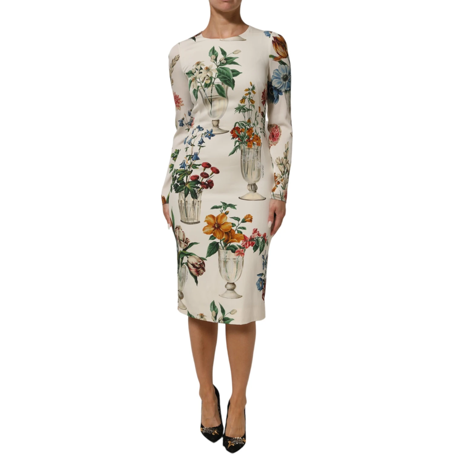 White Flower Vase Silk Sheath Midi Dress