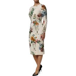 White Flower Vase Silk Sheath Midi Dress