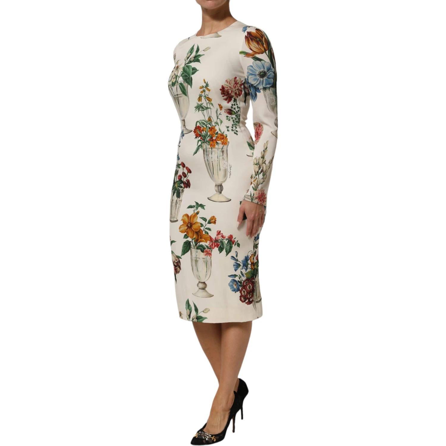 White Flower Vase Silk Sheath Midi Dress