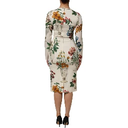 White Flower Vase Silk Sheath Midi Dress