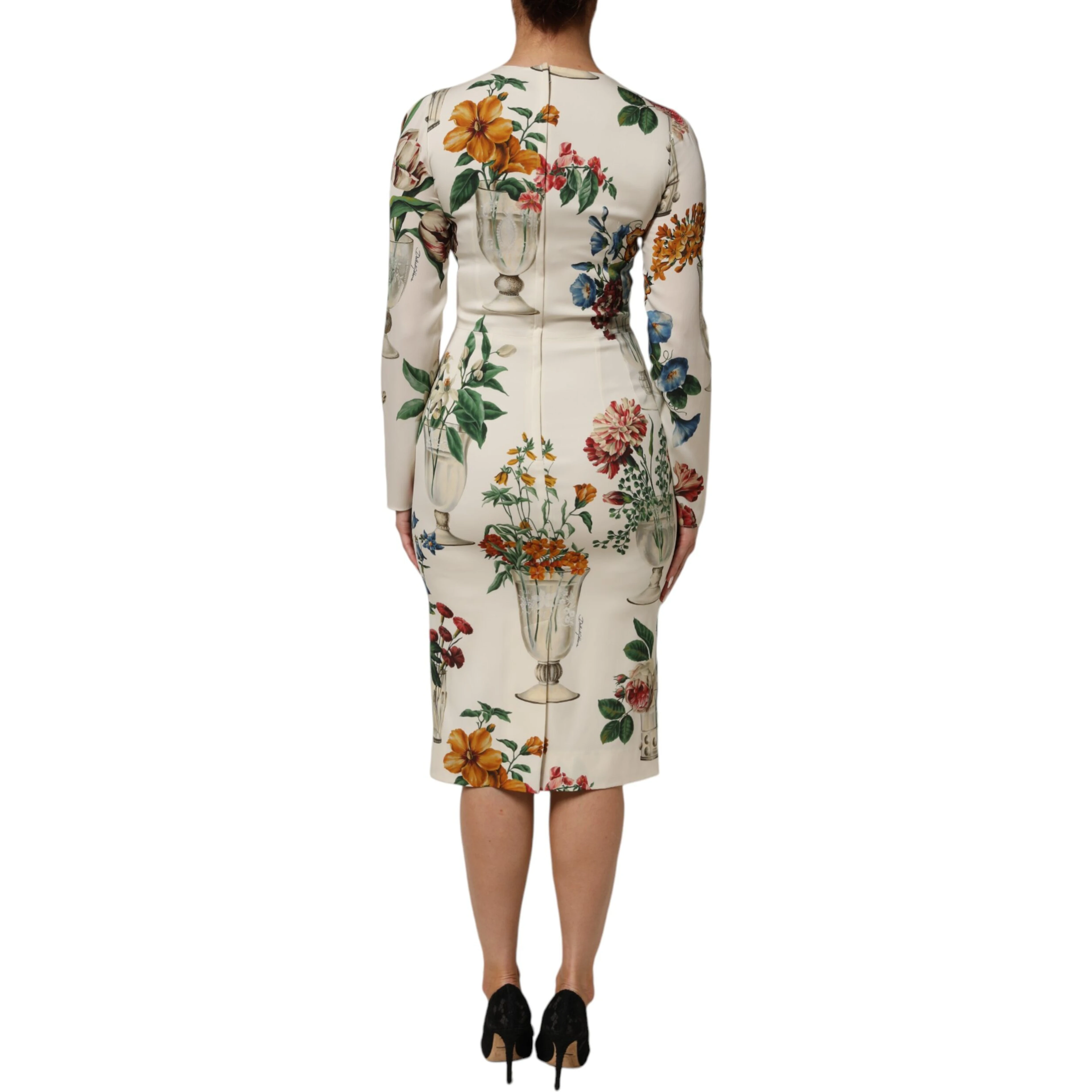 White Flower Vase Silk Sheath Midi Dress