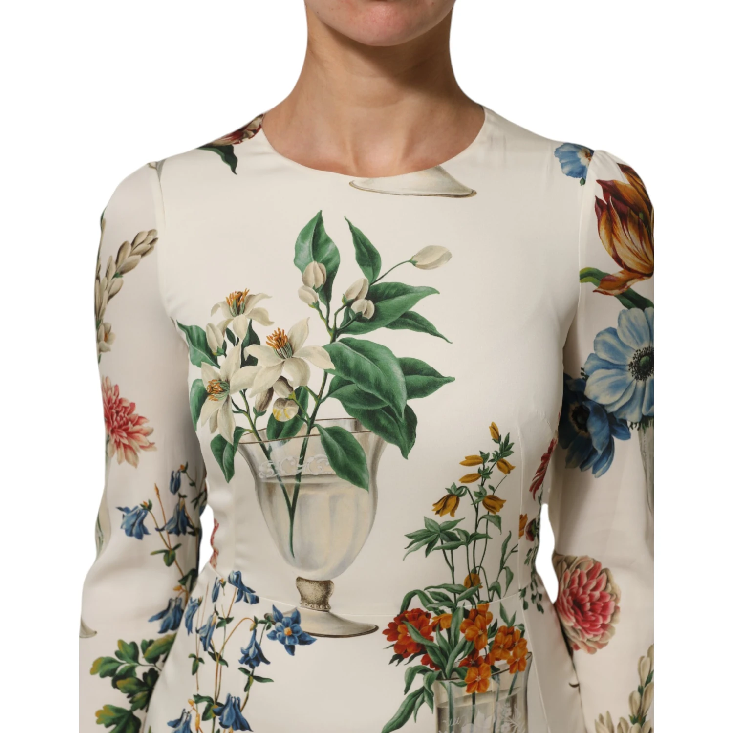 White Flower Vase Silk Sheath Midi Dress