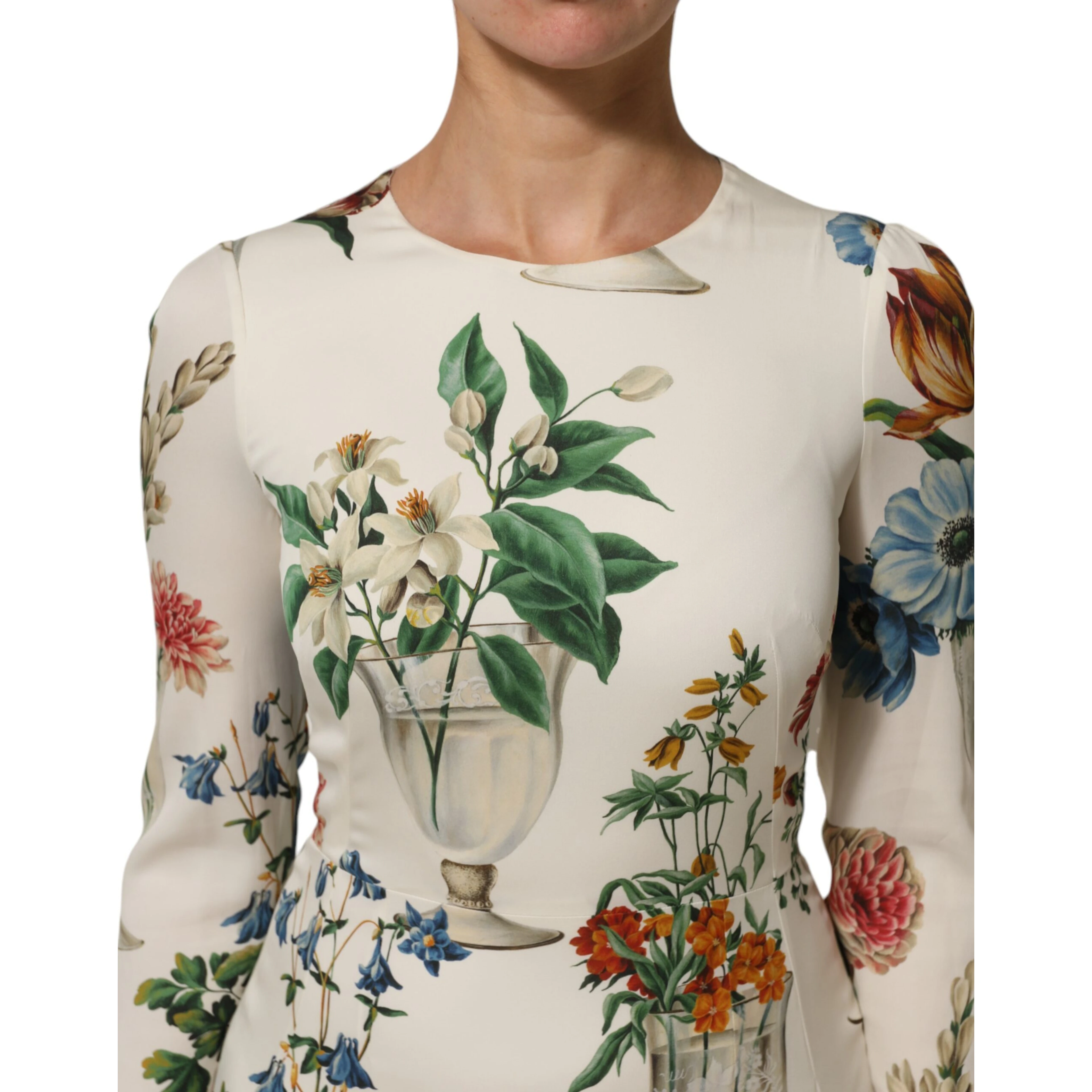 White Flower Vase Silk Sheath Midi Dress