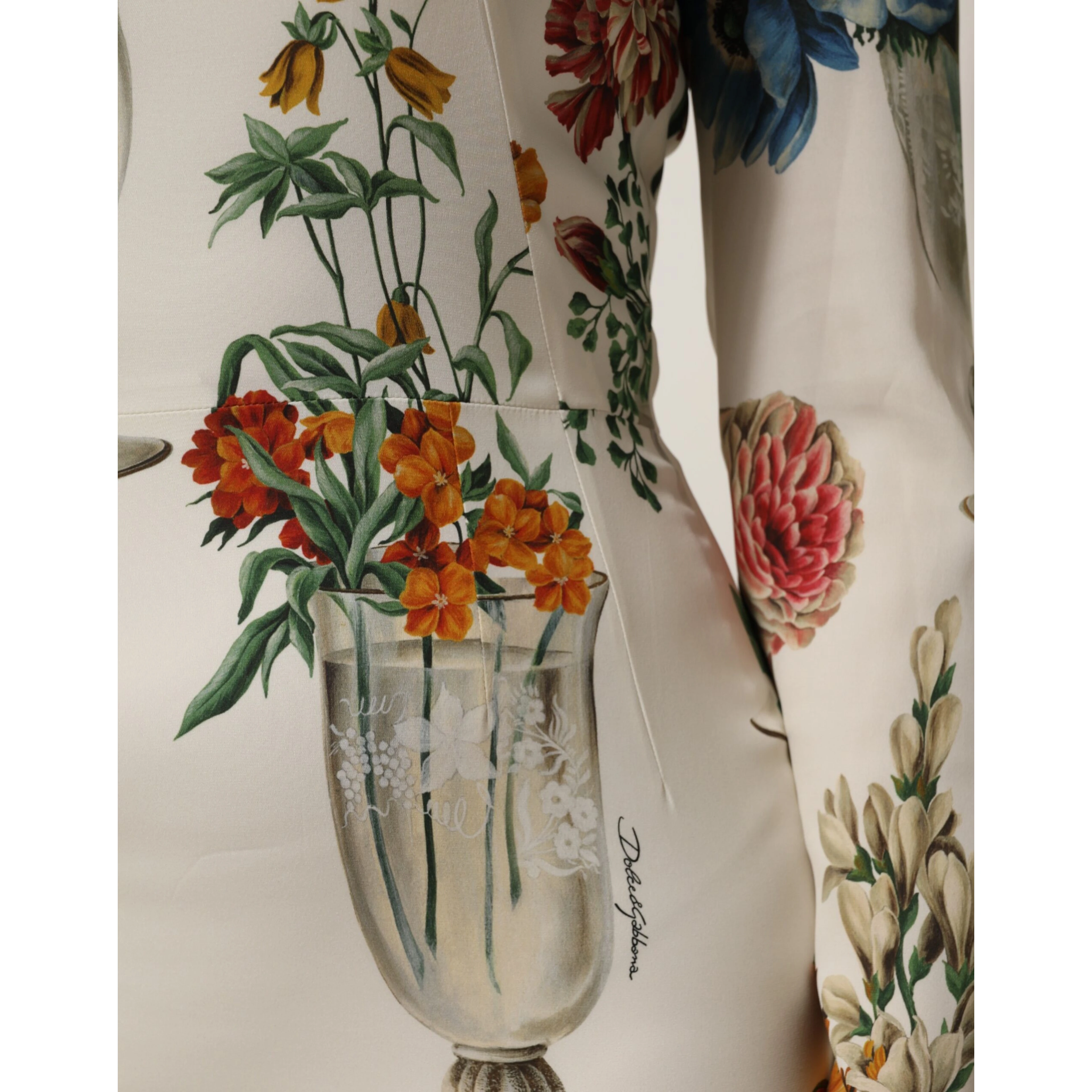 White Flower Vase Silk Sheath Midi Dress