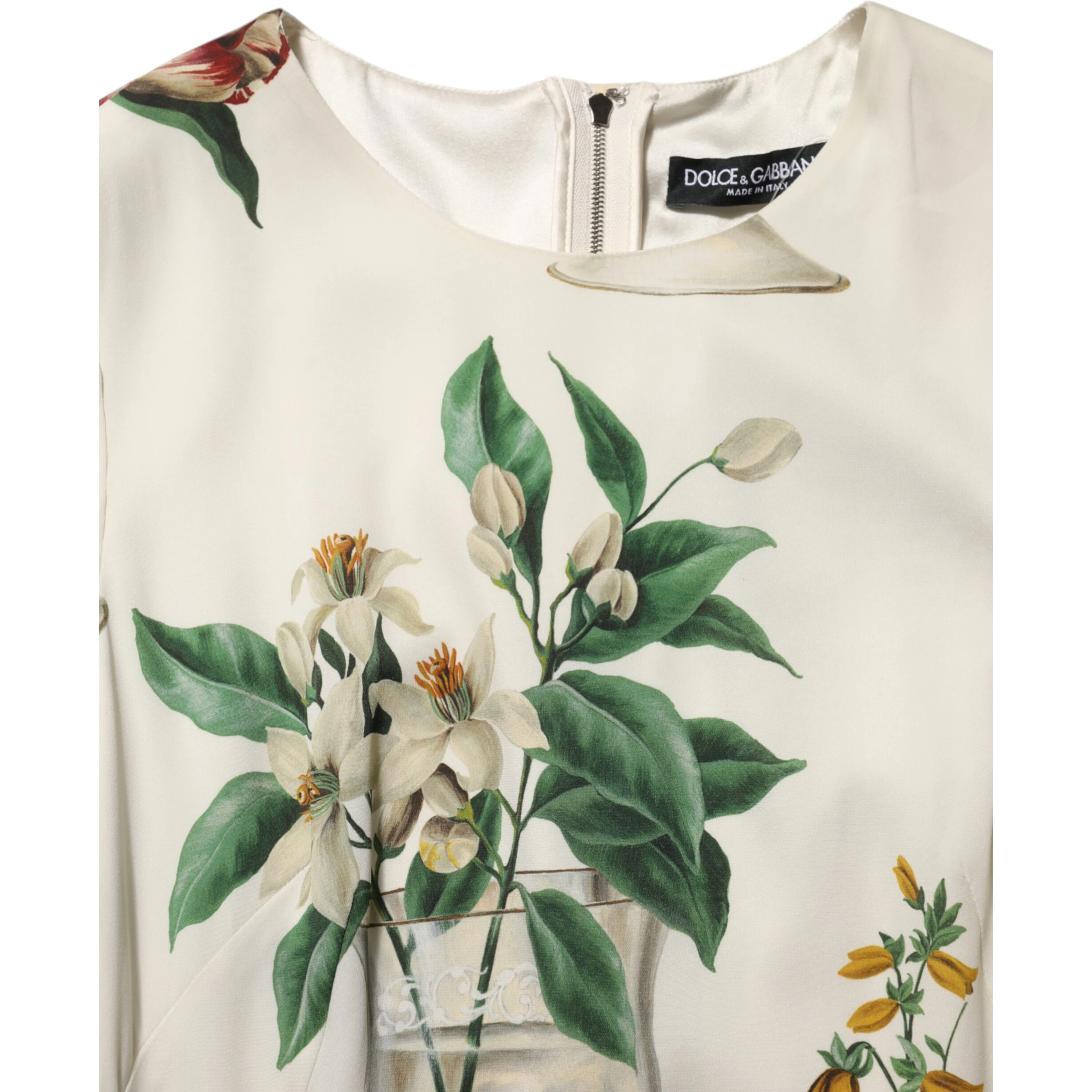 White Flower Vase Silk Sheath Midi Dress
