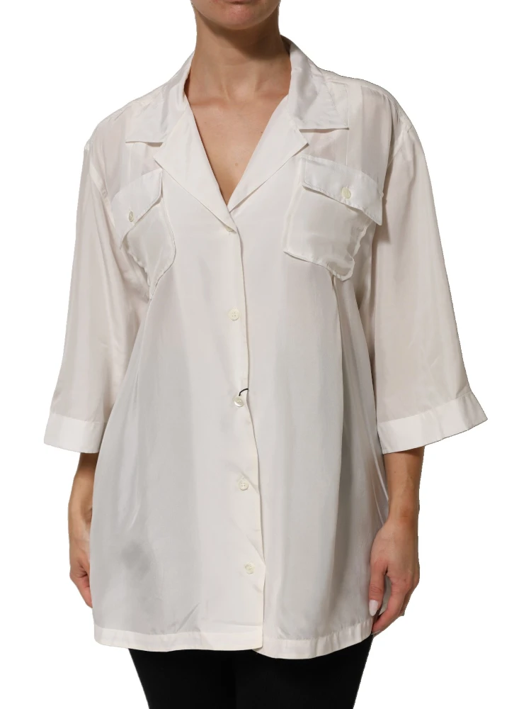 Off White Silk Button Down Polo Shirt Top