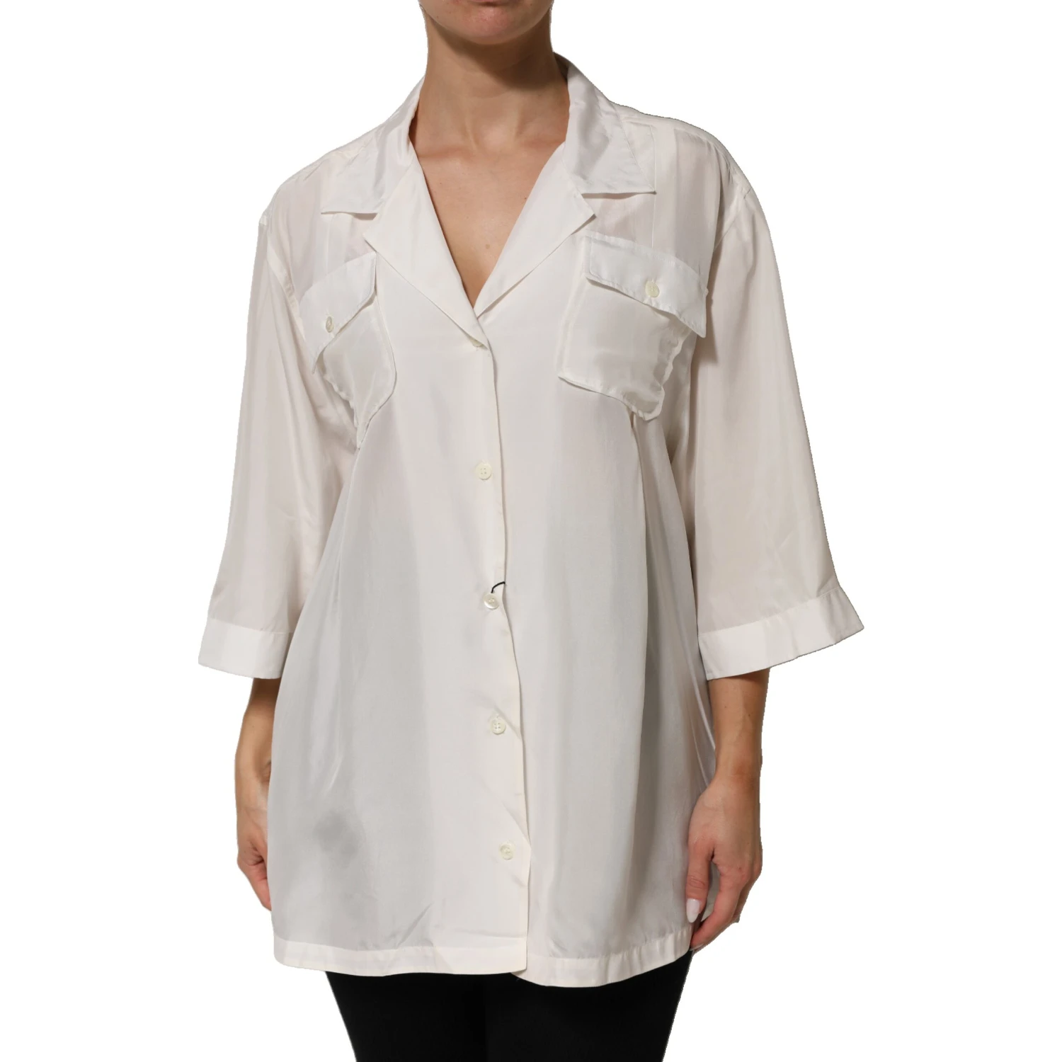 Off White Silk Button Down Polo Shirt Top