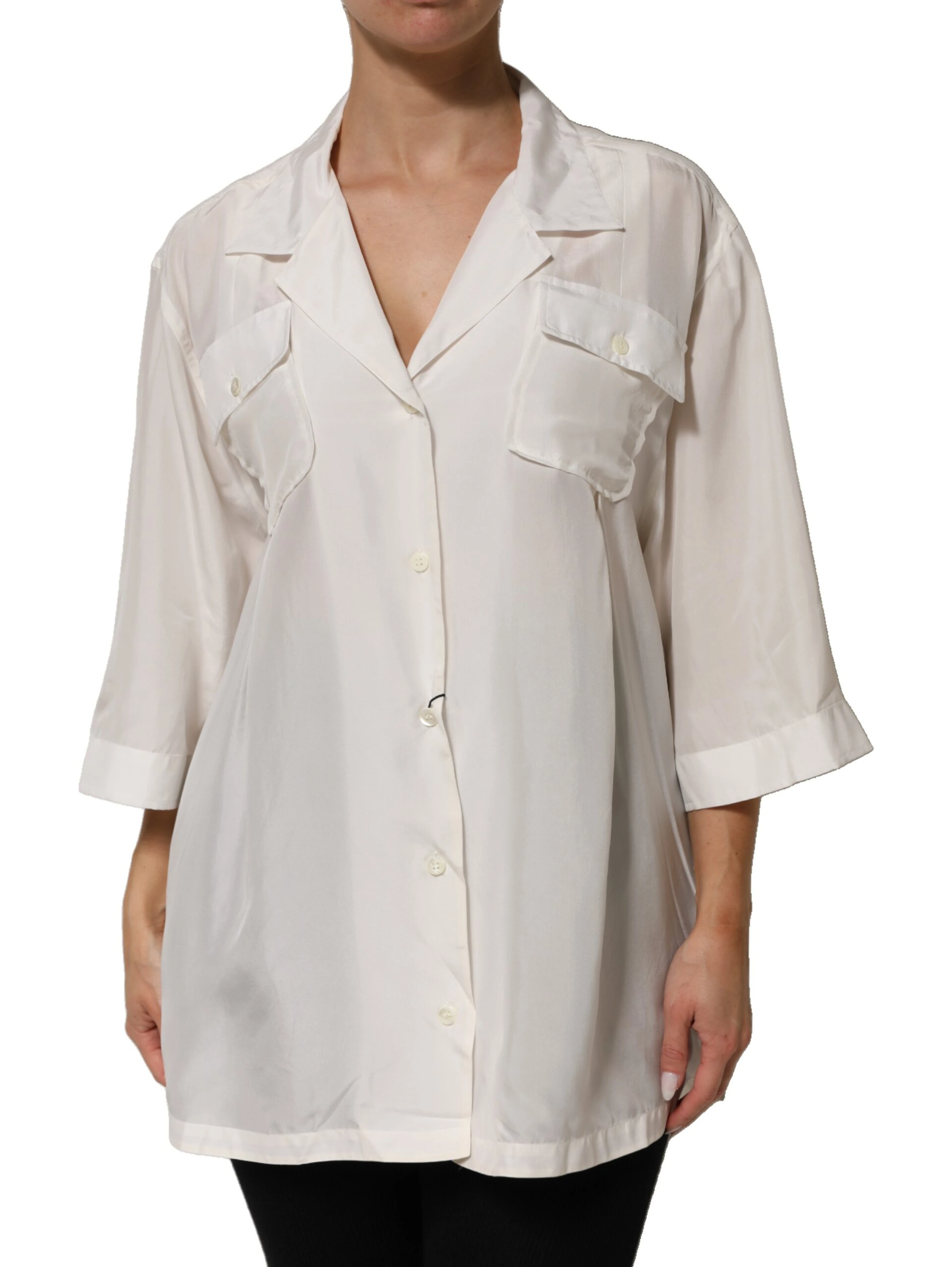 Off White Silk Button Down Polo Shirt Top
