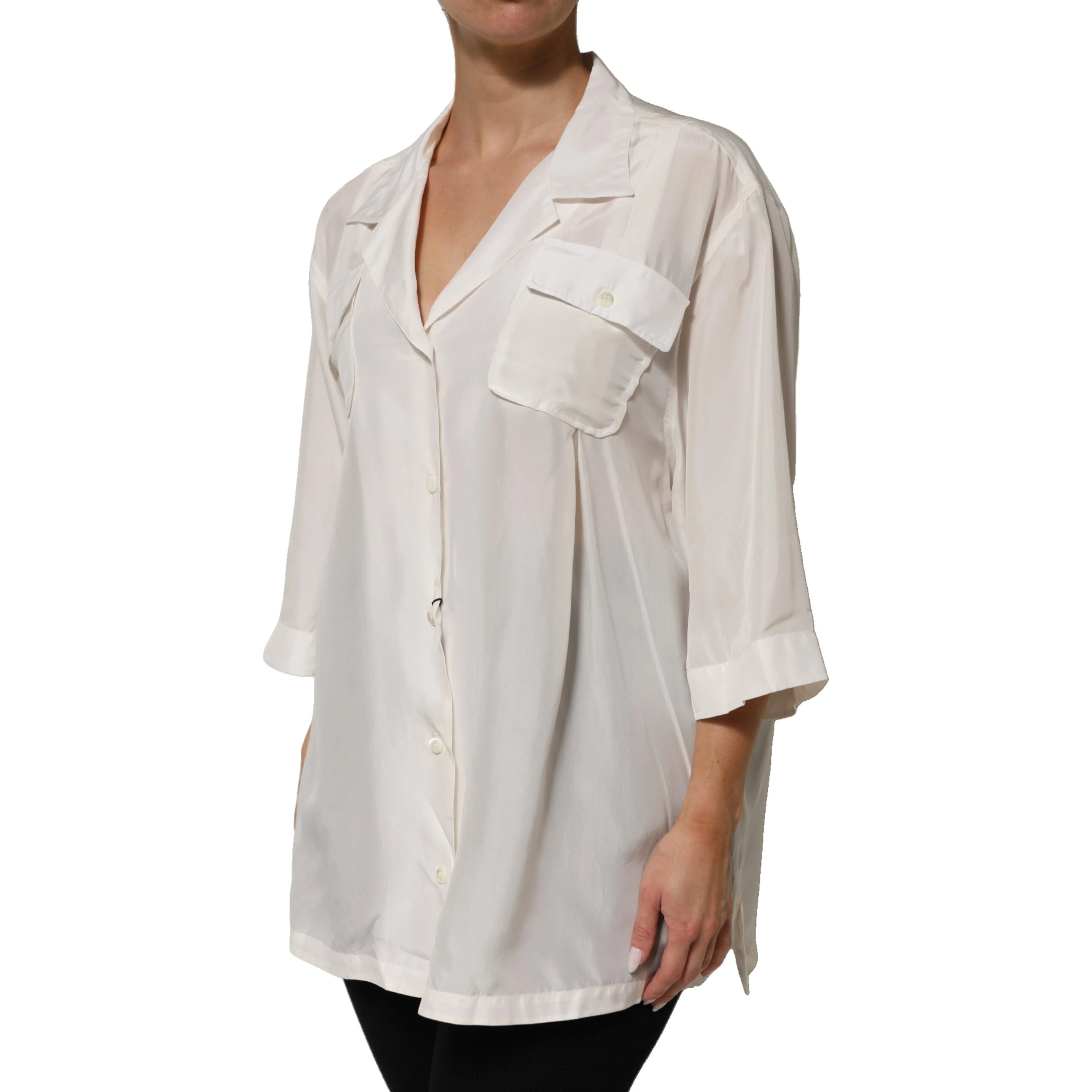 Off White Silk Button Down Polo Shirt Top