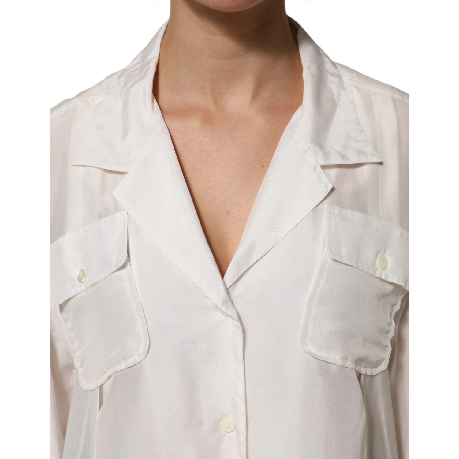 Off White Silk Button Down Polo Shirt Top