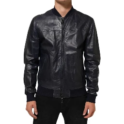 Blue Leather Full Zip Biker Blouson Jacket