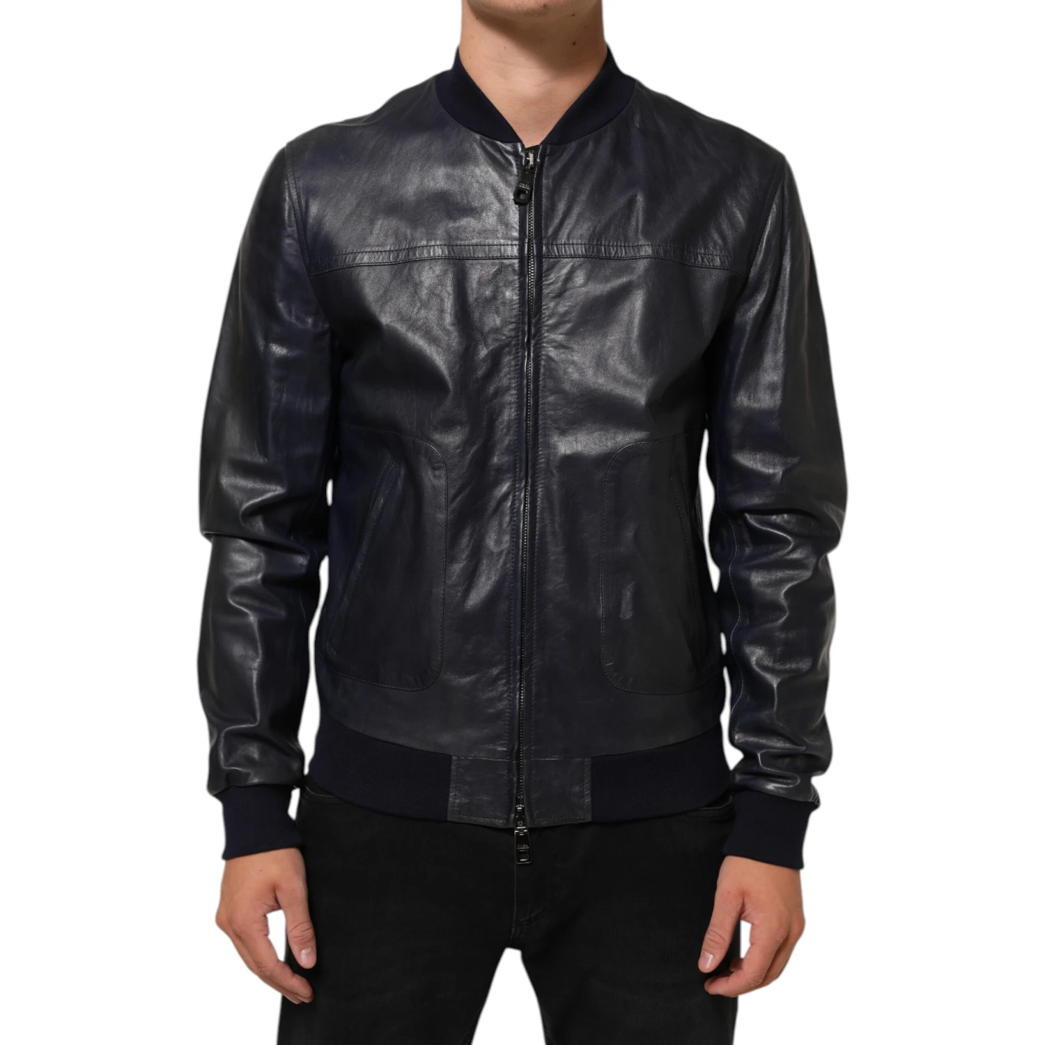 Blue Leather Full Zip Biker Blouson Jacket