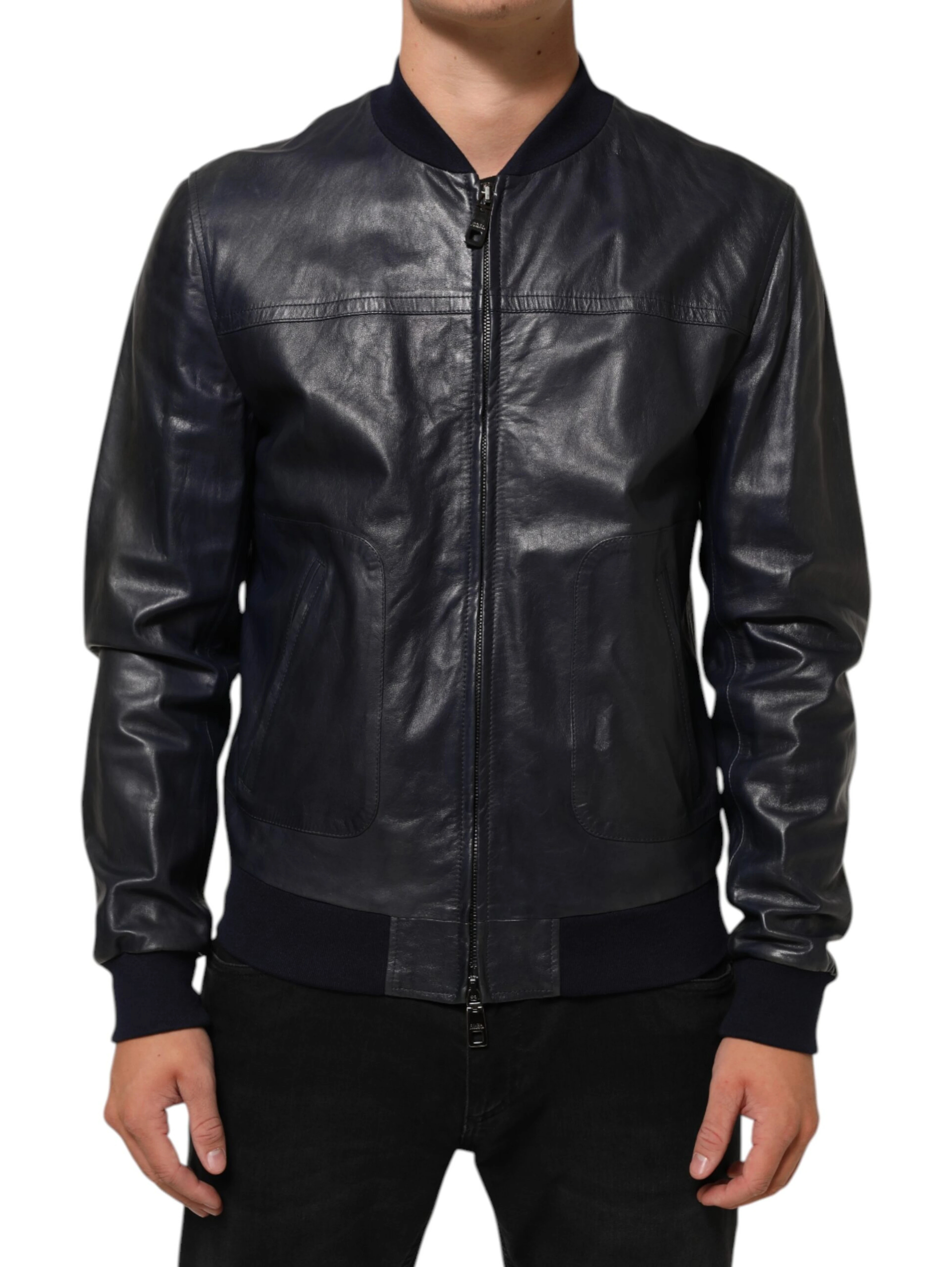 Blue Leather Full Zip Biker Blouson Jacket