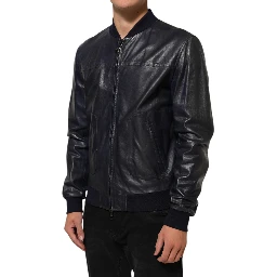 Blue Leather Full Zip Biker Blouson Jacket