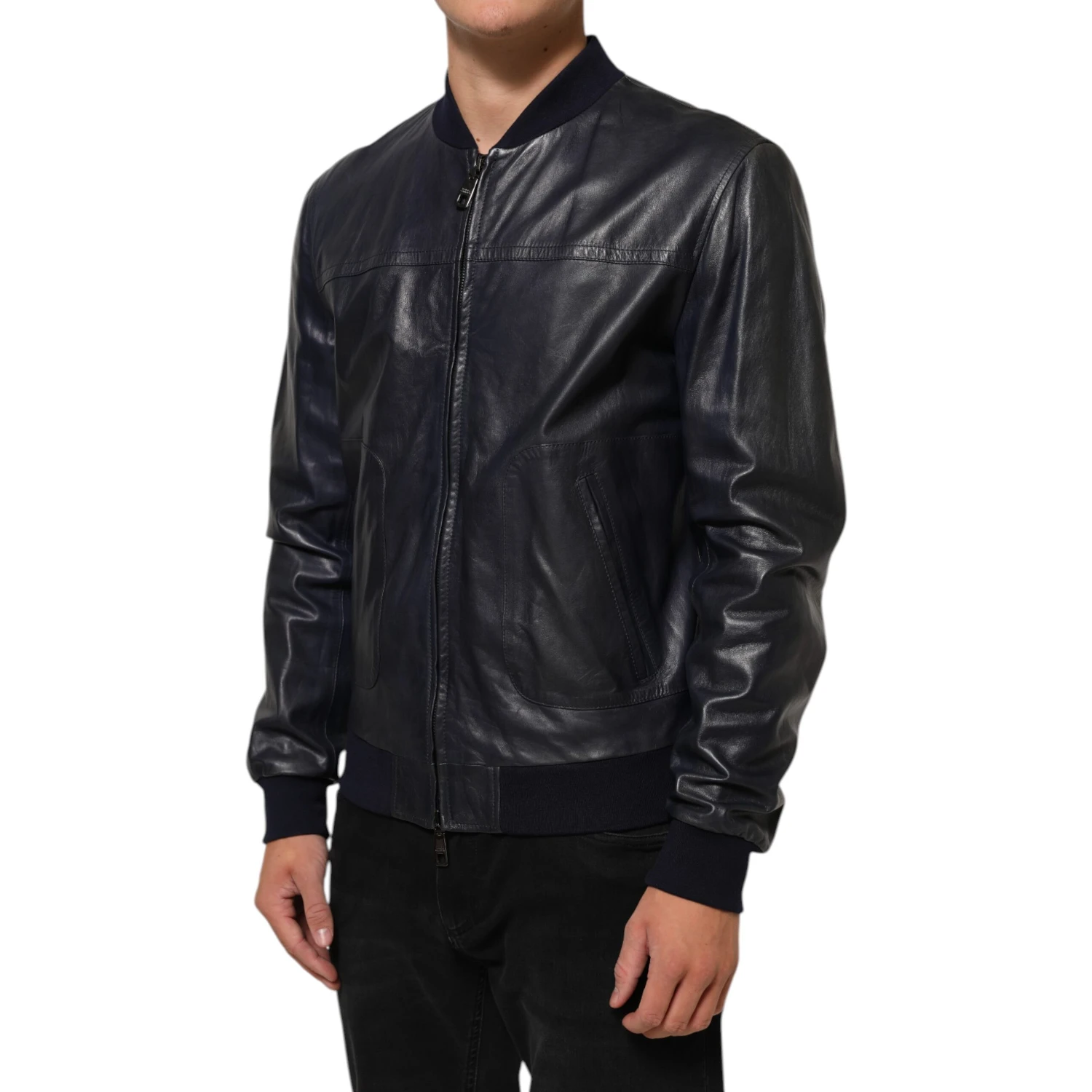Blue Leather Full Zip Biker Blouson Jacket